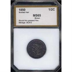 1850 Half Cent Struck-thru-grease AU50