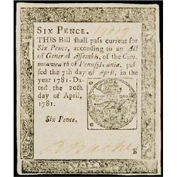 Pennsylvania, April 20, 1781, 6d, Plate B, Choice Crisp Uncirculated.