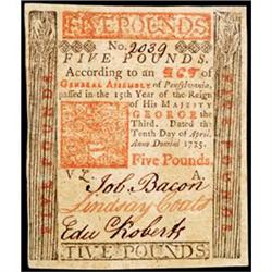 Pennsylvania, April 10, 1775, £5, Plate A,  Philadelphia "Work House" vignette.