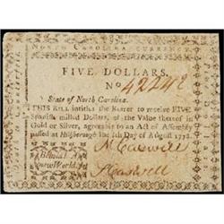 North Carolina, August 8, 1778, $5, "Behold! A New World," Crisp Extremely Fine.