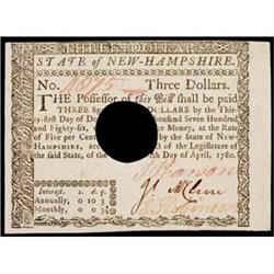New Hampshire, April 29, 1780,  Guaranteed by the United States  issue, $3, Gem Crisp Uncirculated.