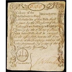 Massachusetts, December 7, 1775, 2s8d, Paul Revere Engraved "Sword In Hand" issue.