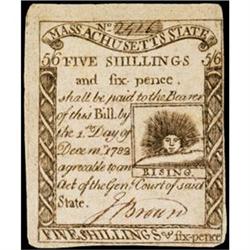 Massachusetts, 1779, 5s6d, Paul Revere Engraved "Rising Sun" issue, Choice Extremely Fine.