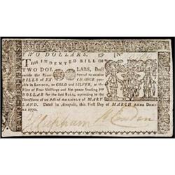 Maryland, March 1, 1770, $2, Choice Crisp Extremely Fine.