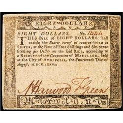 Maryland, August 14, 1776, $8, Choice Extremely Fine.