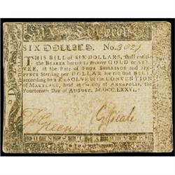 Maryland, August 14, 1776, $6, Choice About Extremely Fine.
