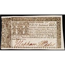 Maryland, April 10, 1774, $8, Very Choice Crisp About Uncirculated.