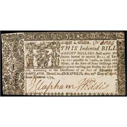 Maryland, April 10, 1774, $8, Choice Extremely Fine.