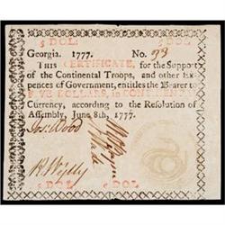 Georgia, June 8, 1777, $5, "Rattlesnake" vignette, with red "in," Choice Crisp About Uncirculated.
