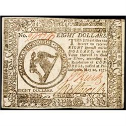 Continental, May 20, 1777, $8, First "UNITED STATES" Issue, Very Choice Crisp Uncirculated.