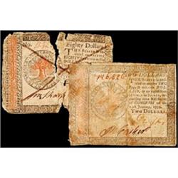Continental, January 14, 1779, Lot of 2 Notes, $2 & $80, Poor and Fine.