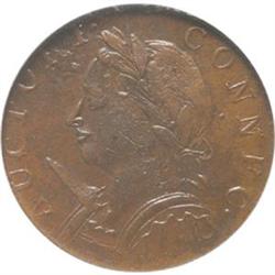 1787 CT Copper, Mailed Bust Left, Miller 4-L, "Horned Bust," NGC graded AU-58 Brown.