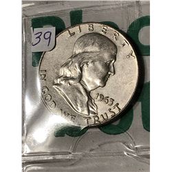 1963 D High Grade Silver Franklin Half Dollar Nice Early US Coin
