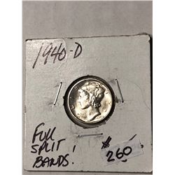 1940 D Full Split Bands Mercury Silver Dime High Grade