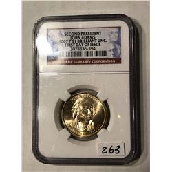 2007 P John Adams Dollar First Day of Issue Certified NGC BU