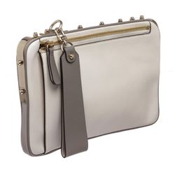 MCM White and Gray Leather Two Tone Cubism Medium Clutch Handbag