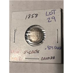 Rare 1858 Silver Canada 5 Cents VFXF 925 Silver