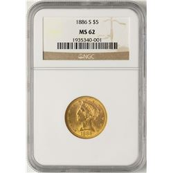 1886-S $5 Liberty Half Eagle Gold Coin NGC MS62