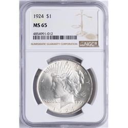 1924 $1 Peace Silver Dollar Coin NGC MS65