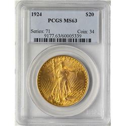1924 $20 St. Gaudens Double Eagle Gold Coin PCGS MS63