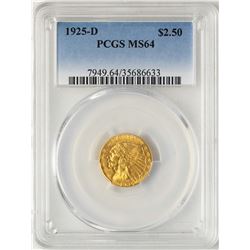 1925-D $2 1/2 Indian Head Quarter Eagle Gold Coin PCGS MS64