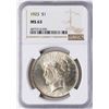 Image 1 : 1923 $1 Peace Silver Dollar Coin NGC MS63