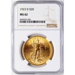 1923-D $20 St. Gaudens Double Eagle Gold Coin NGC MS62