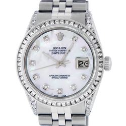 Rolex Mens Stainless Steel MOP Diamond Datejust Wristwatch With Rolex Box