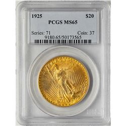 1925 $20 St. Gaudens Double Eagle Gold Coin PCGS MS65