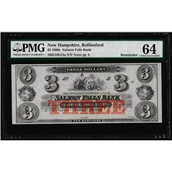 1850-60's $3 Salmon Falls Bank Obsolete Note PMG Choice Uncirculated 64