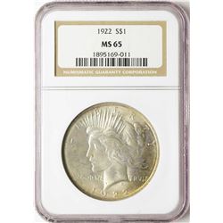 1922 $1 Peace Silver Dollar Coin NGC MS65