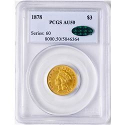1878 $3 Indian Princess Head Gold Coin PCGS AU50 CAC