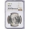 Image 1 : 1922 $1 Peace Silver Dollar Coin NGC MS63