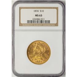 1894 $10 Liberty Head Eagle Gold Coin NGC MS63