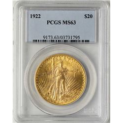 1922 $20 St. Gaudens Double Eagle Gold Coin PCGS MS63