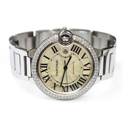 Cartier Mens Ballon Bleu Steel 42mm Silver Roman Dial Custom Diamond Bezel Watch