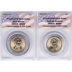 Lot of (2) 2007-2008 Presidential Oath Dollar Coins ANACS MS66