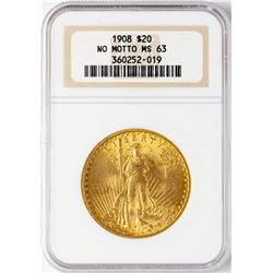 1908 NM $20 St. Gaudens Double Eagle Gold Coin NGC MS63