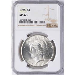1925 $1 Peace Silver Dollar Coin NGC MS63