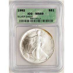 1992 $1 American Silver Eagle Coin ICG MS69