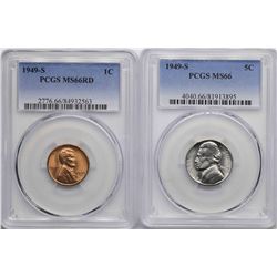 Lot of 1949-S Lincoln Wheat Cent & 1949-S Jefferson Nickel Coins PCGS MS66