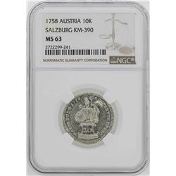 1758 Austria Salzburg 10 Kreuzer Coin NGC MS63