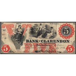 1862 $5 Bank of Clarendon Obsolete Note
