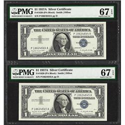 Lot of (2) Consecutive 1957A $1 Silver Certificate Notes PMG Superb Gem Unc. 67E