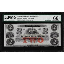 1850-60's $2 Salmon Falls Bank Obsolete Note PMG Gem Uncirculated 66EPQ