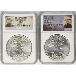 Lot of 2014-2015 $1 American Silver Eagle Coins NGC MS69 First Releases
