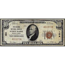 1929 $10 Second NB of Wilkes Barre, PA CH# 104 National Currency Note