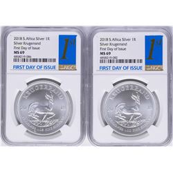 Lot of (2) 2018 South Africa Krugerrand Silver Coins NGC MS69 First Day of Issue