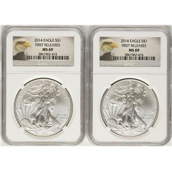 Lot of (2) 2014 $1 American Silver Eagle Coins NGC MS69 First Releases