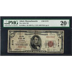 1929 $5 National Currency Note Athol, MA CH# 2172 PMG Very Fine 20 Net
